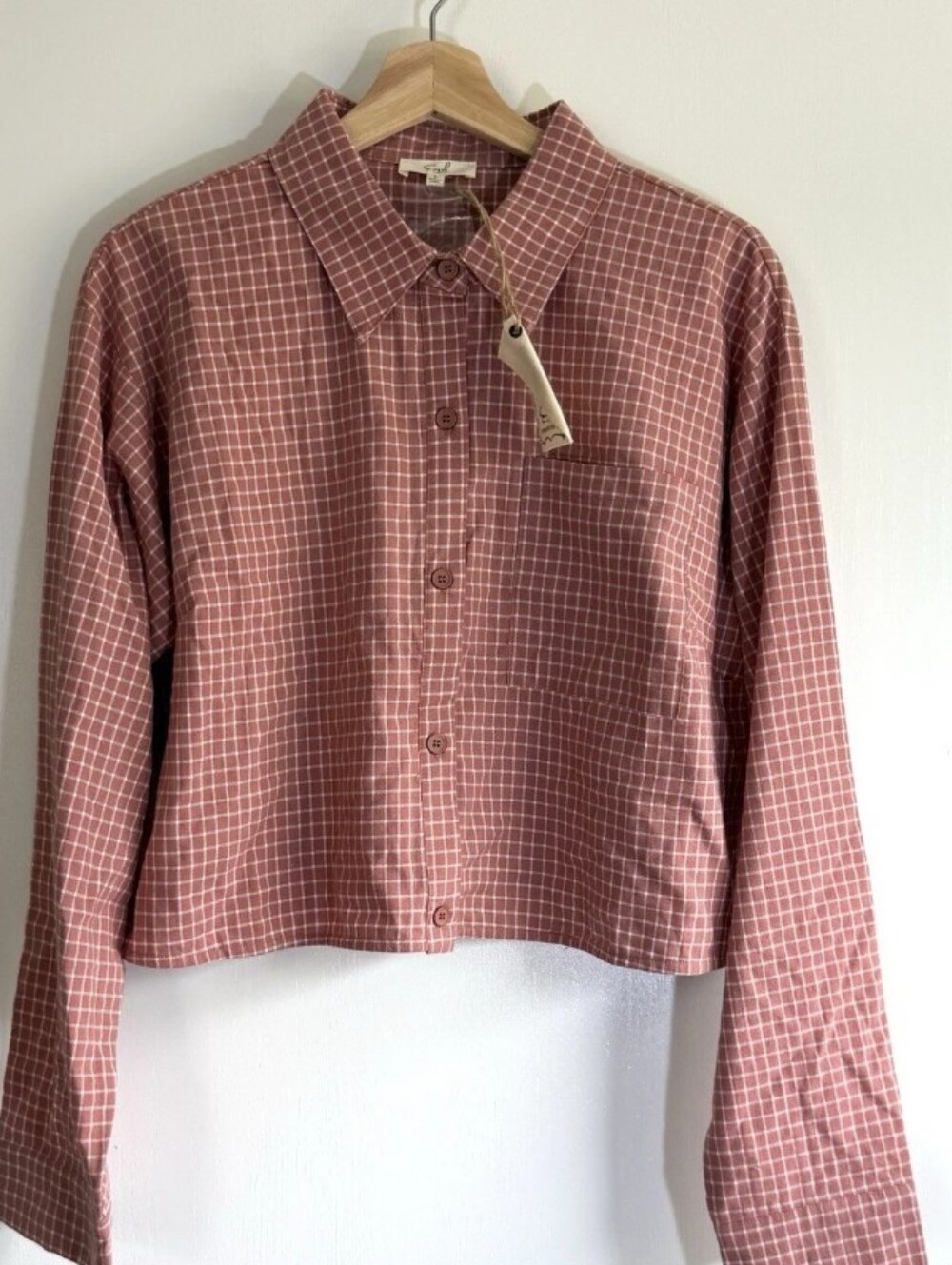 Easel Women's Size Mauve 100% Cotton Cropped Grid Check Blouse